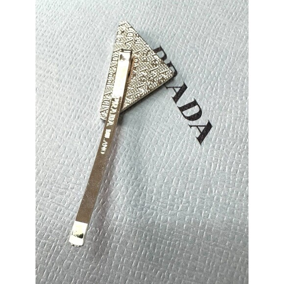 Prada Triangle Silver Black Metal Brooch / 3-Inch Hair Clip – Authentic - Picture 4 of 7